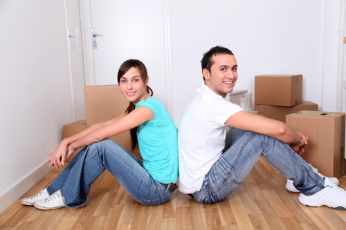 Packed office furniture and equipment prepared for transport